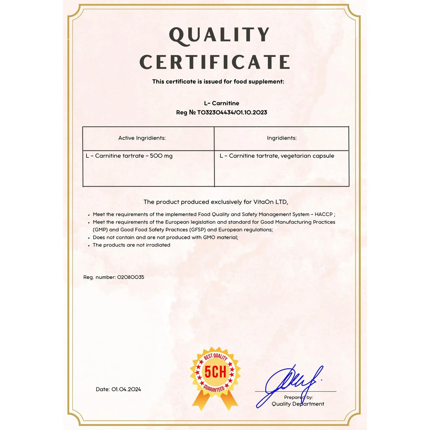 Certyfikat jakości l-karnityna