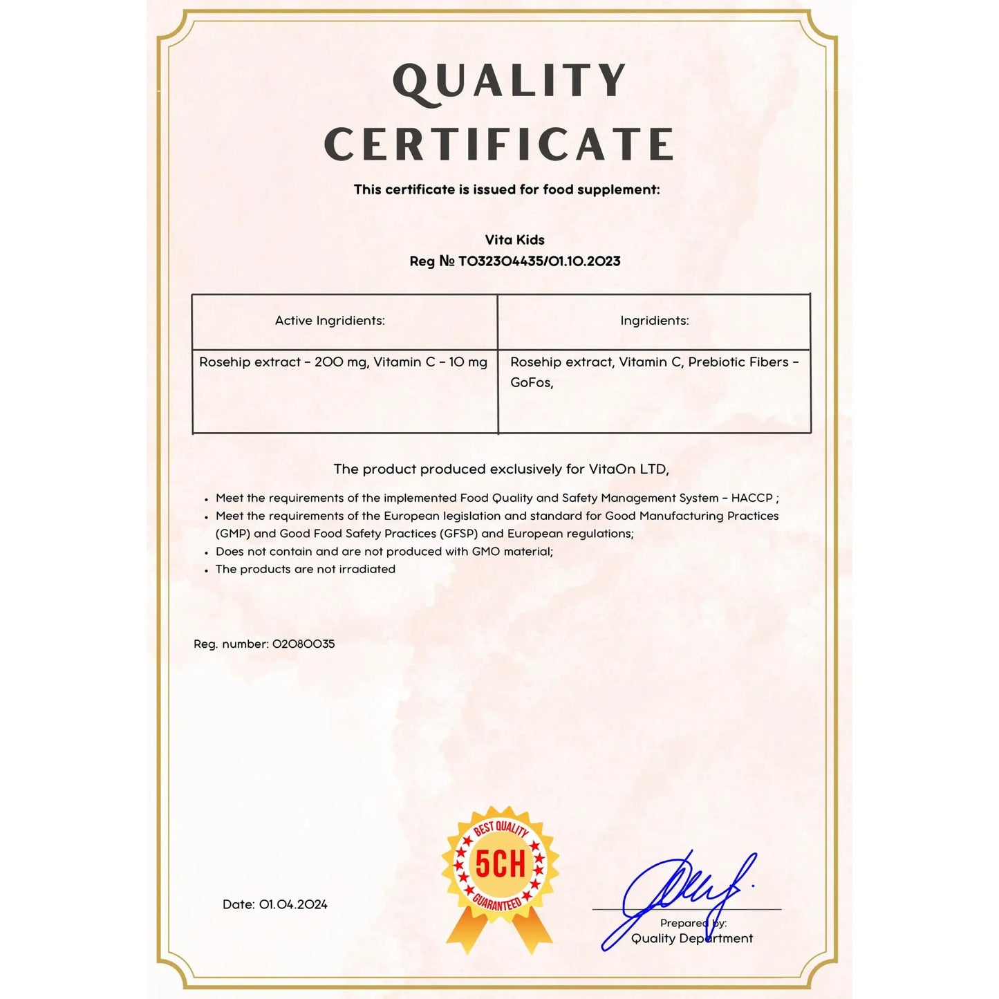 Certyfikat jakości witamina c dla dzieci