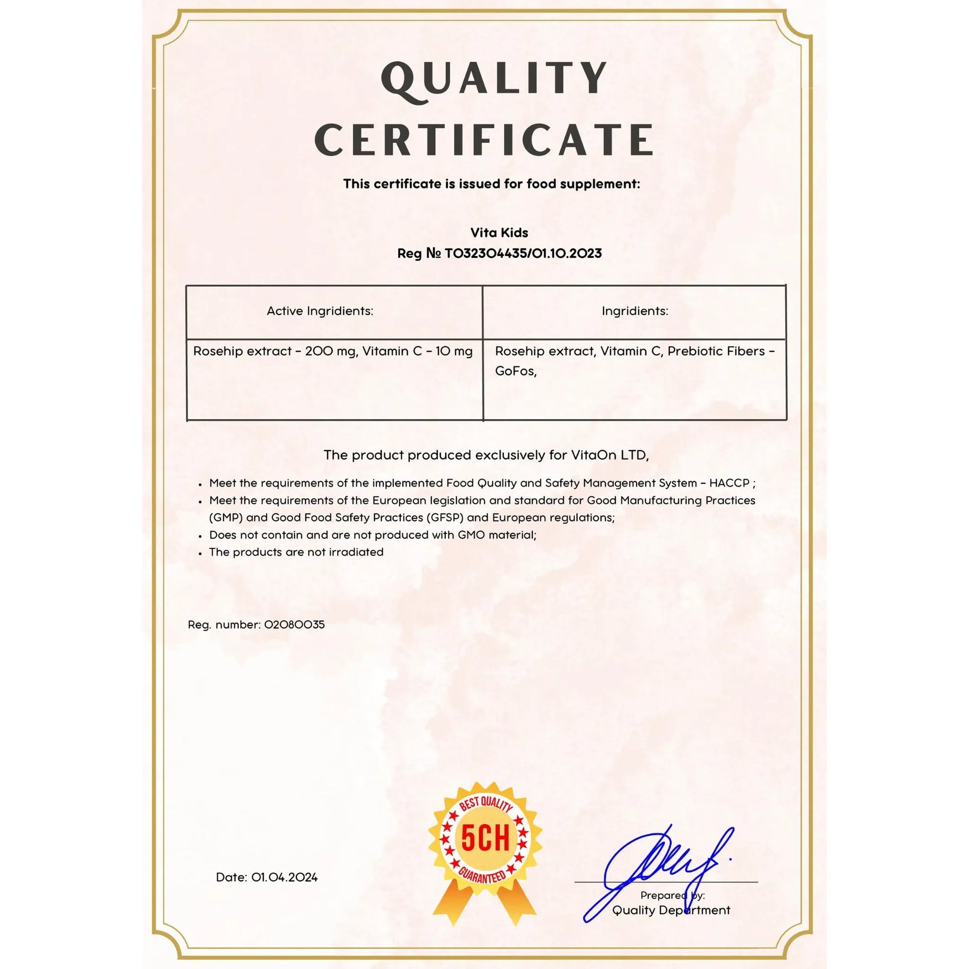 Certyfikat jakości witamina c dla dzieci