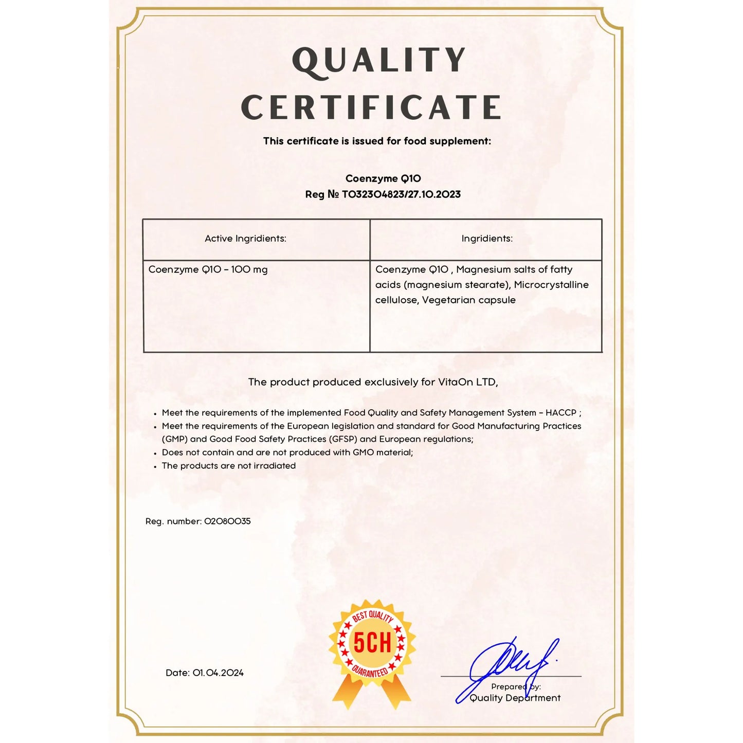 Certyfikat jakości coenzyme q10