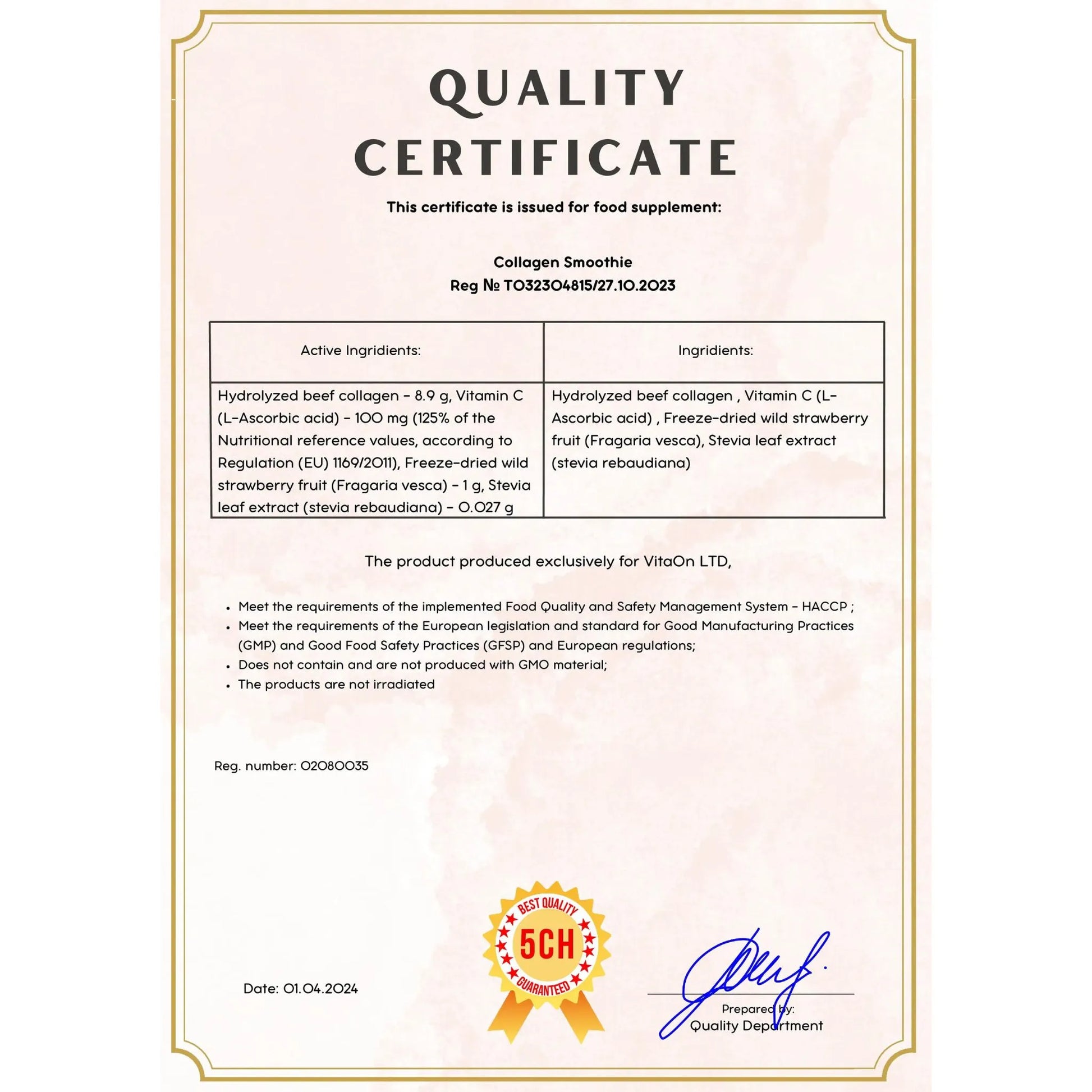 Certyfikat jakości kolagen