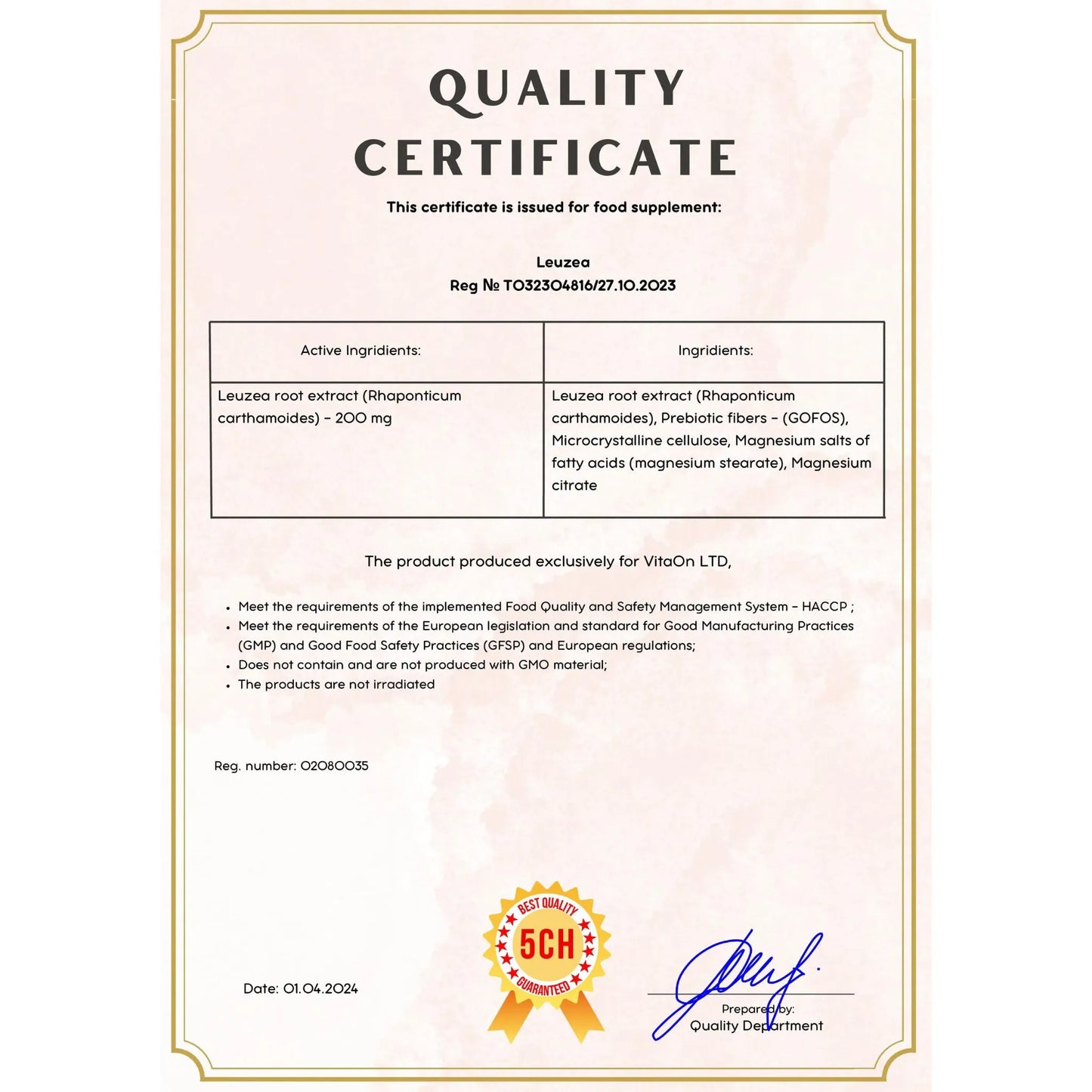 Certyfikat jakości leuzea