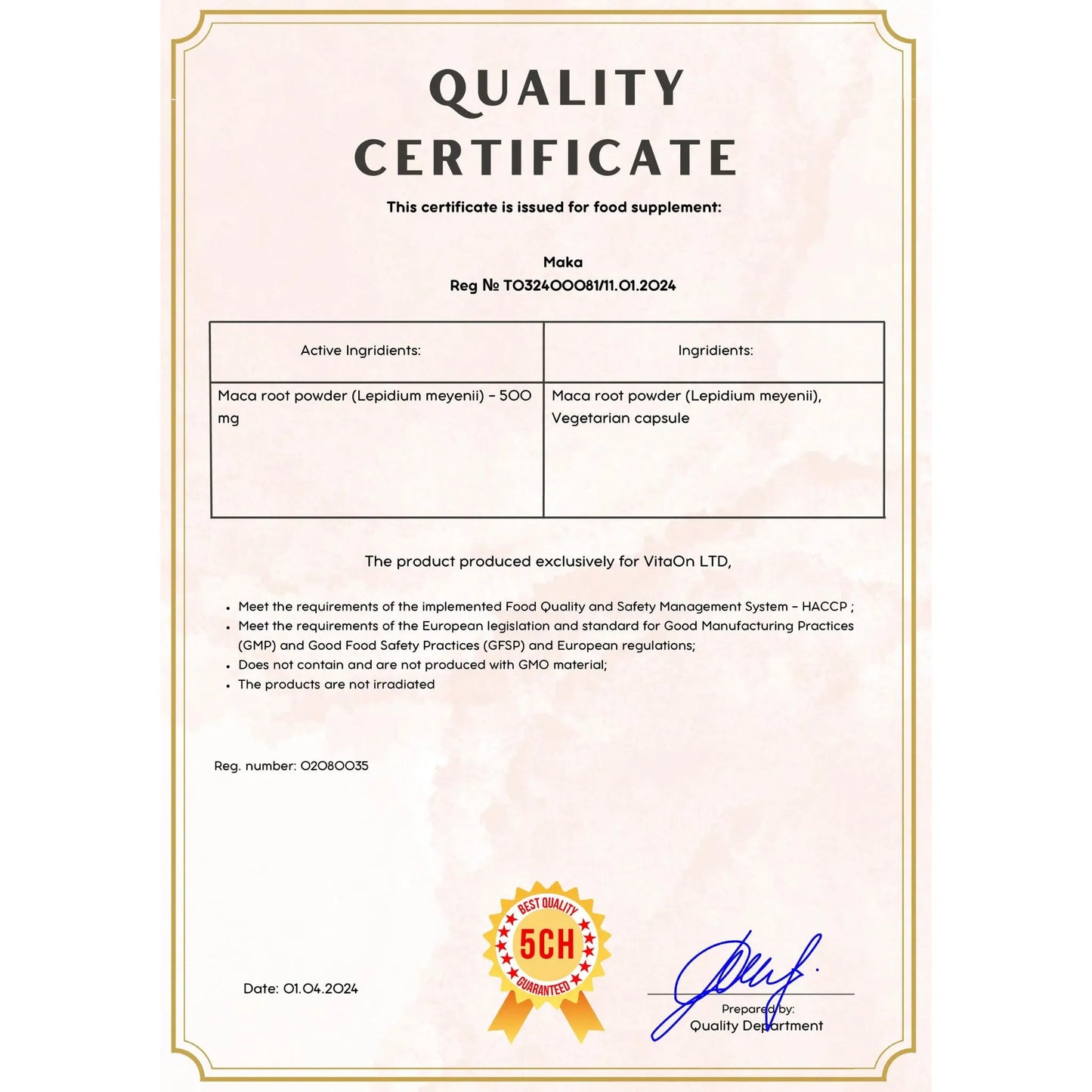 Certyfikat jakości maca