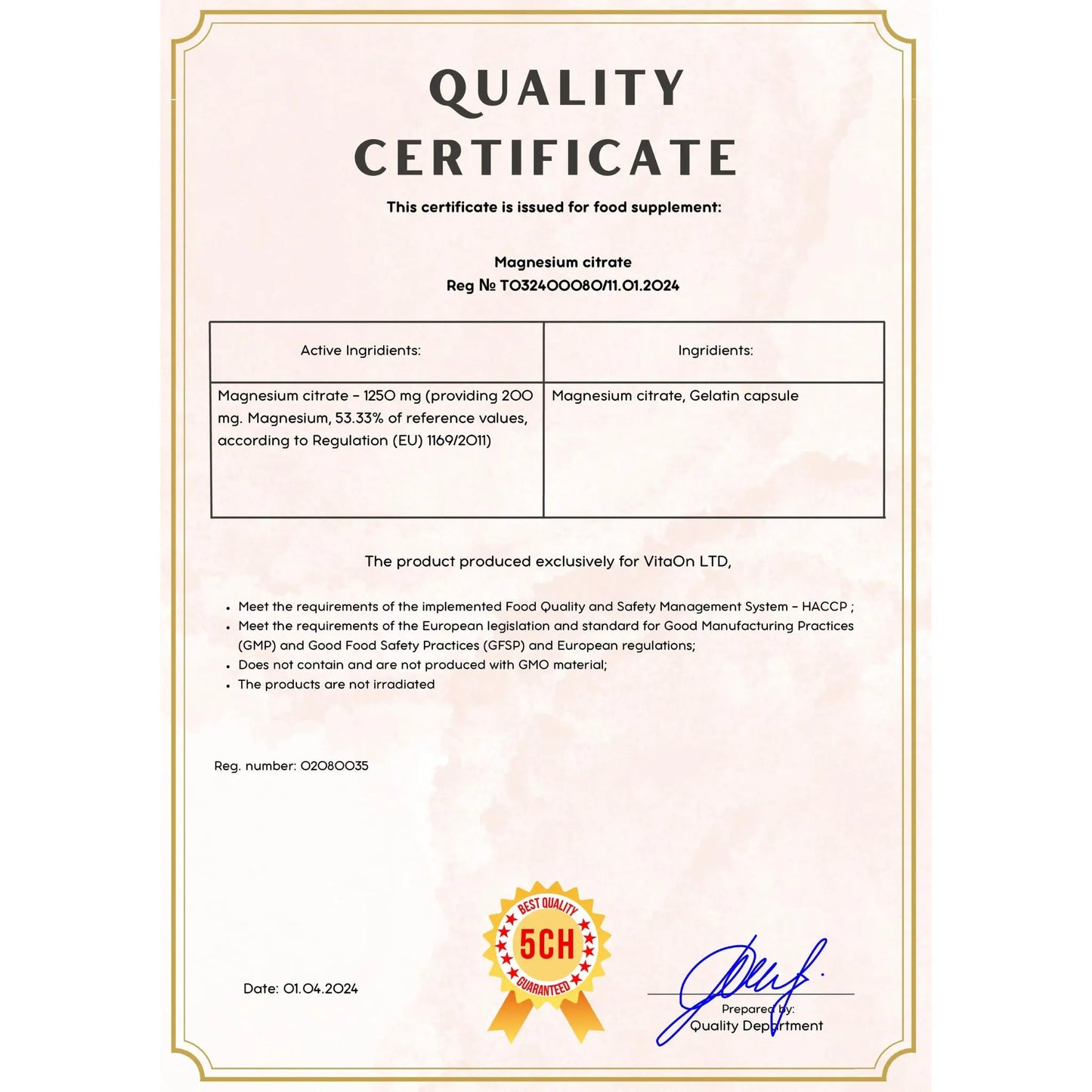 Certyfikat jakości magnez