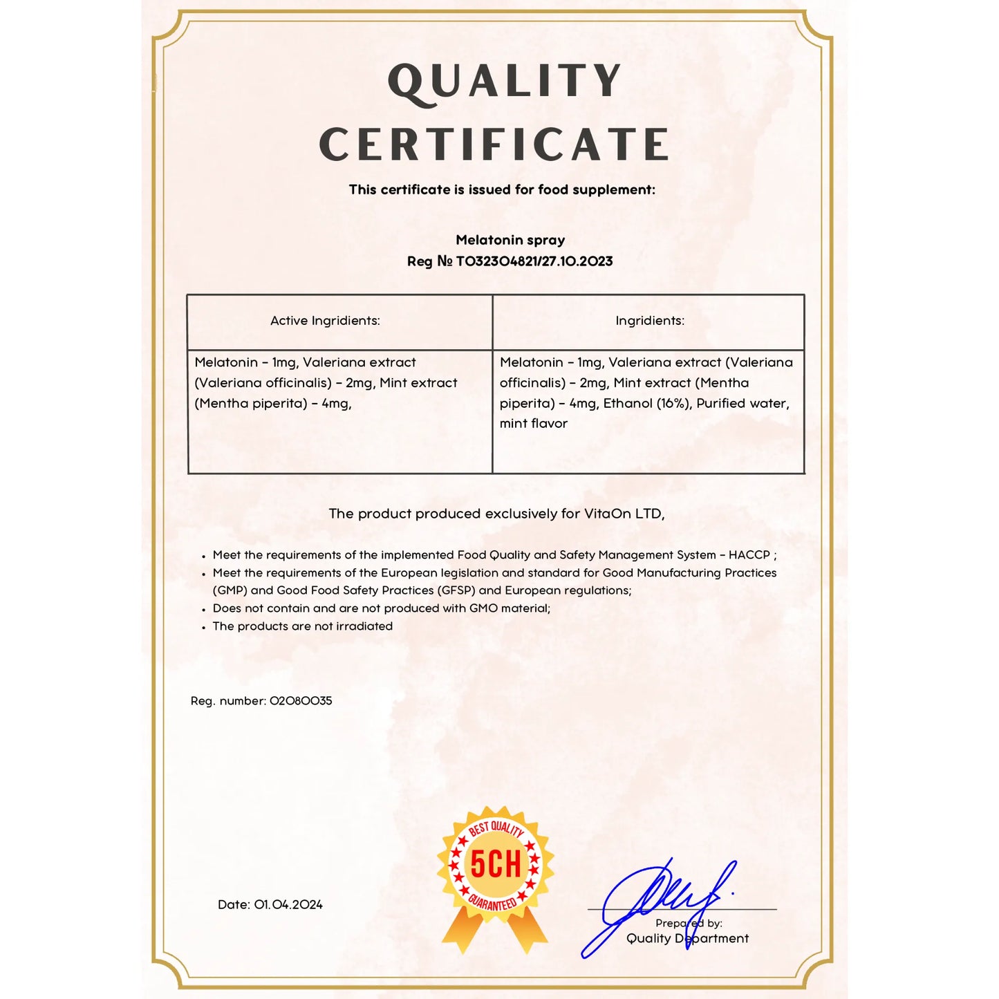 Certyfikat jakości melatonina w spreyu